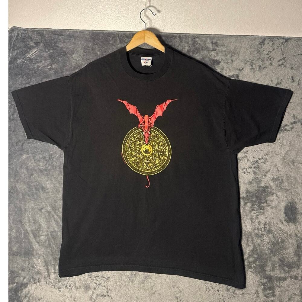 Vintage 90s Hewlin UK Dragon T Shirt XL Jerzees Celtic Shield Fantasy Gothic